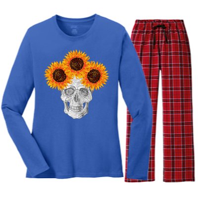 Sunflower Skull Women's Long Sleeve Flannel Pajama Set 