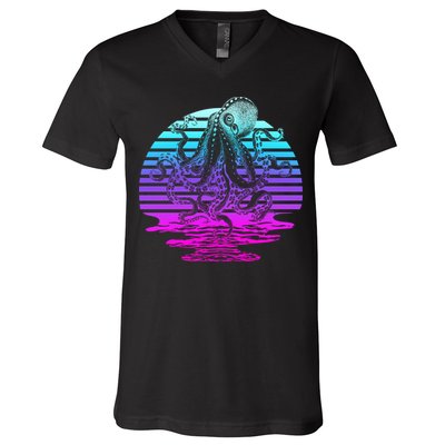 Sunrise Octopus Vaporwave V-Neck T-Shirt