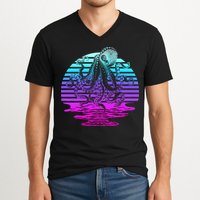 Sunrise Octopus Vaporwave V-Neck T-Shirt