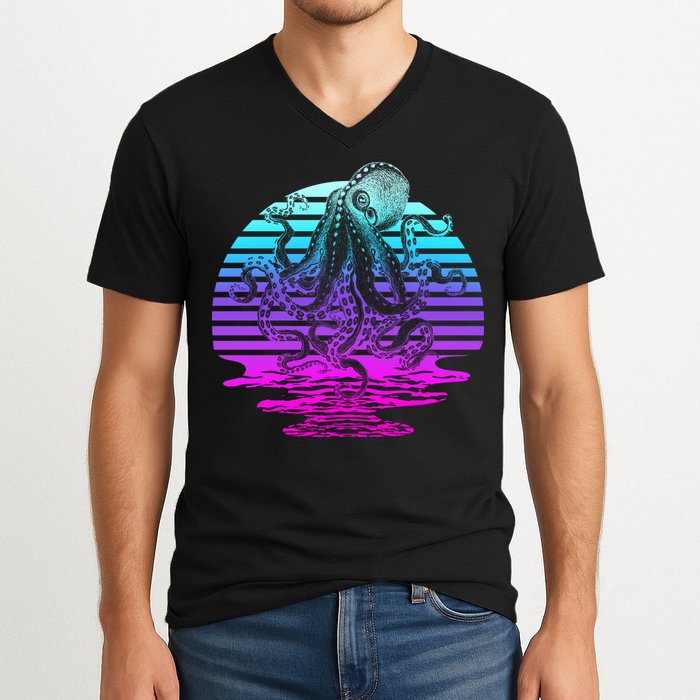 Sunrise Octopus Vaporwave V-Neck T-Shirt