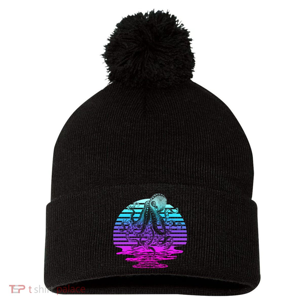 Sunrise Octopus Vaporwave Pom Pom 12in Knit Beanie