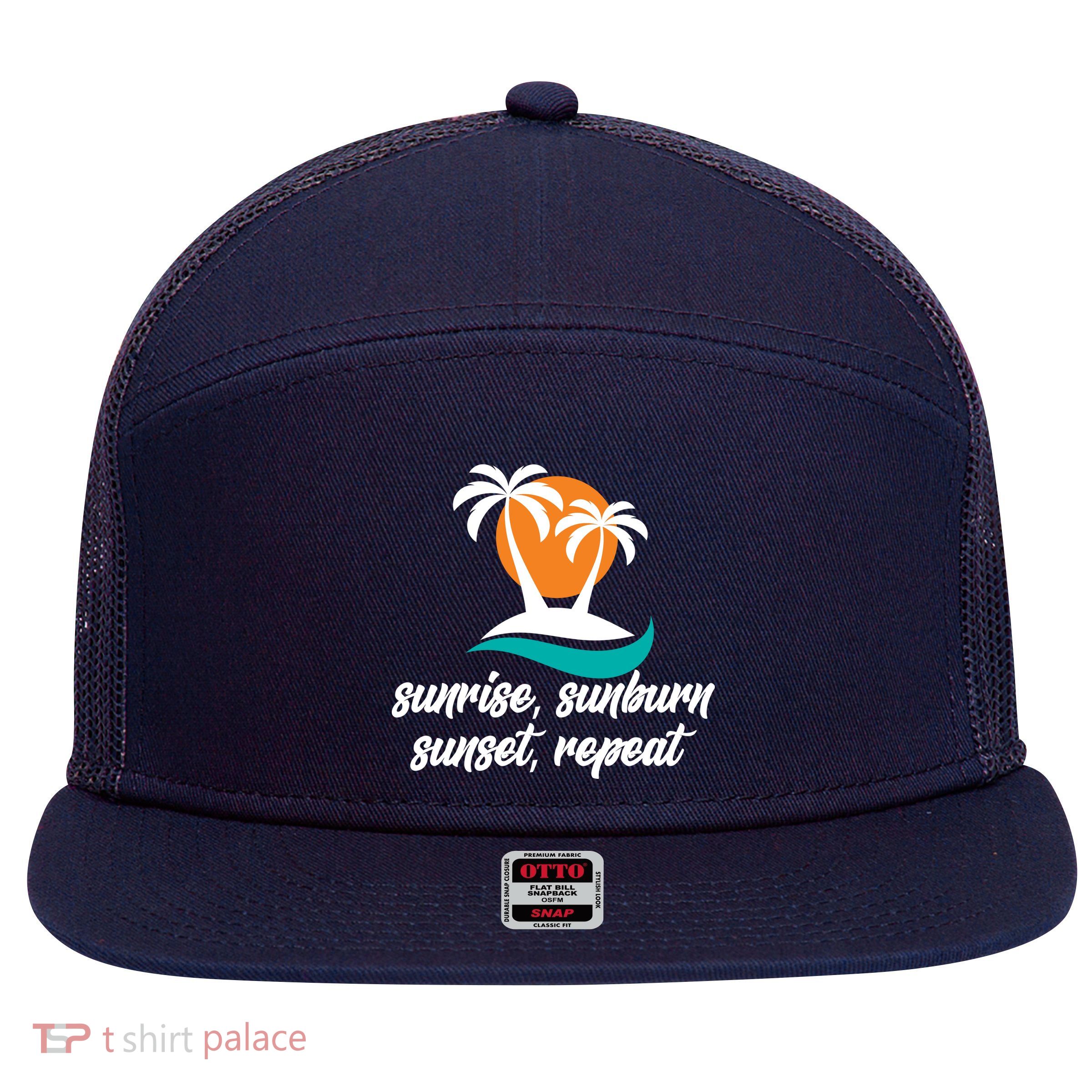 Sunrise Sunburn Sunset Repeat Palm Tree 7 Panel Mesh Trucker Snapback Hat