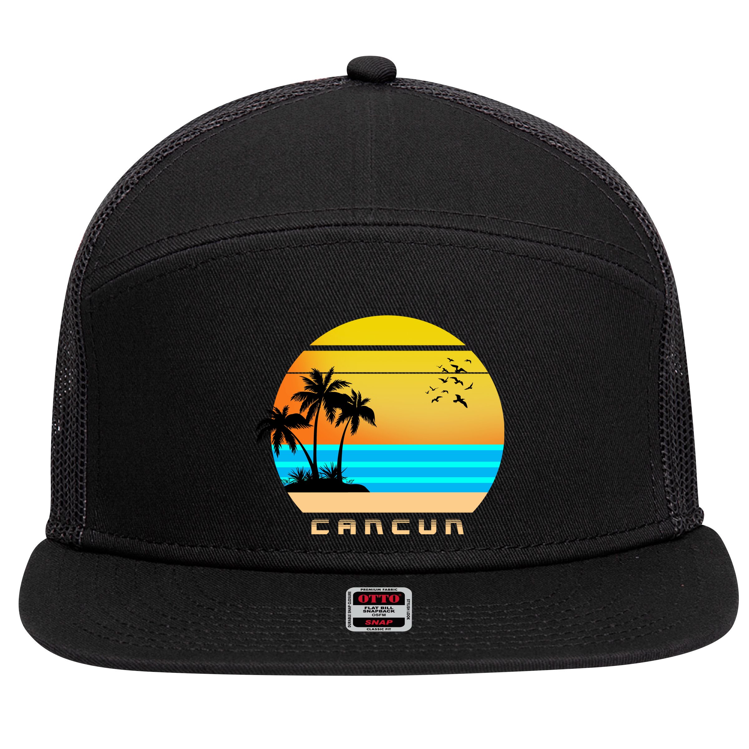 Sunset Beach Cancun Emblem 7 Panel Mesh Trucker Snapback Hat