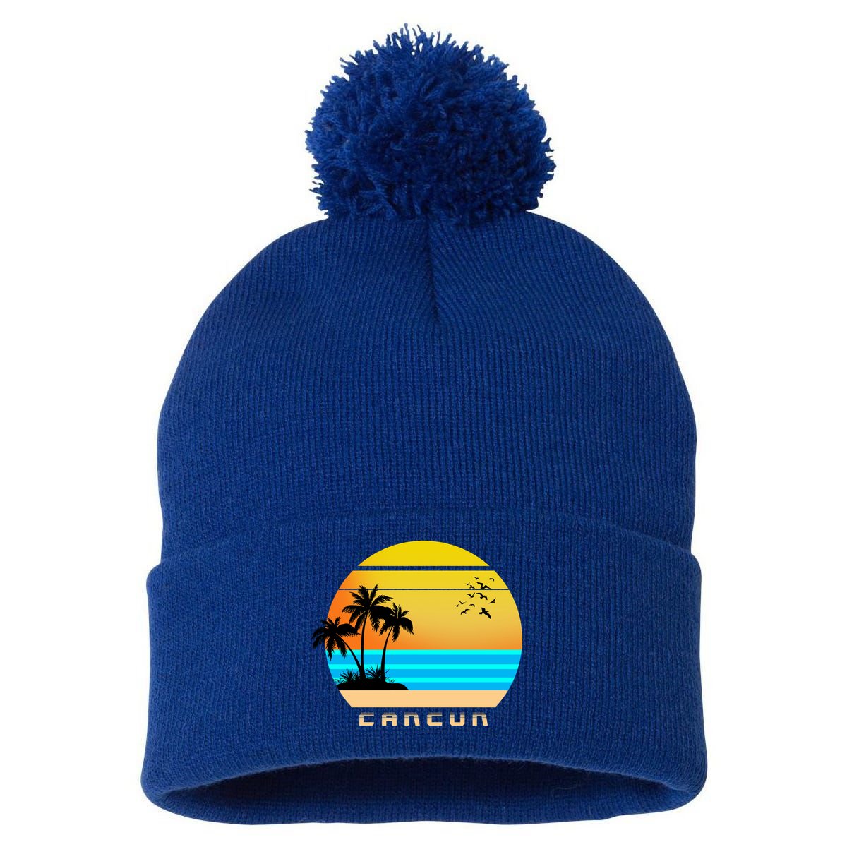 Sunset Beach Cancun Emblem Pom Pom 12in Knit Beanie