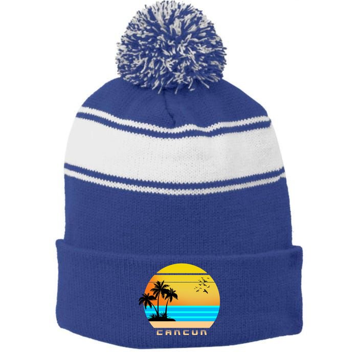 Sunset Beach Cancun Emblem Stripe Pom Pom Beanie