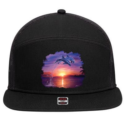 Sunset Dolphins 7 Panel Mesh Trucker Snapback Hat