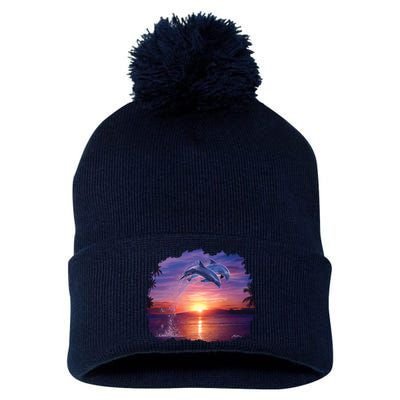 Sunset Dolphins Pom Pom 12in Knit Beanie