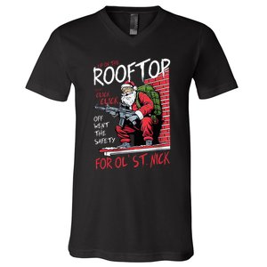 Santa Up On The Rooftop Click Click Click V-Neck T-Shirt