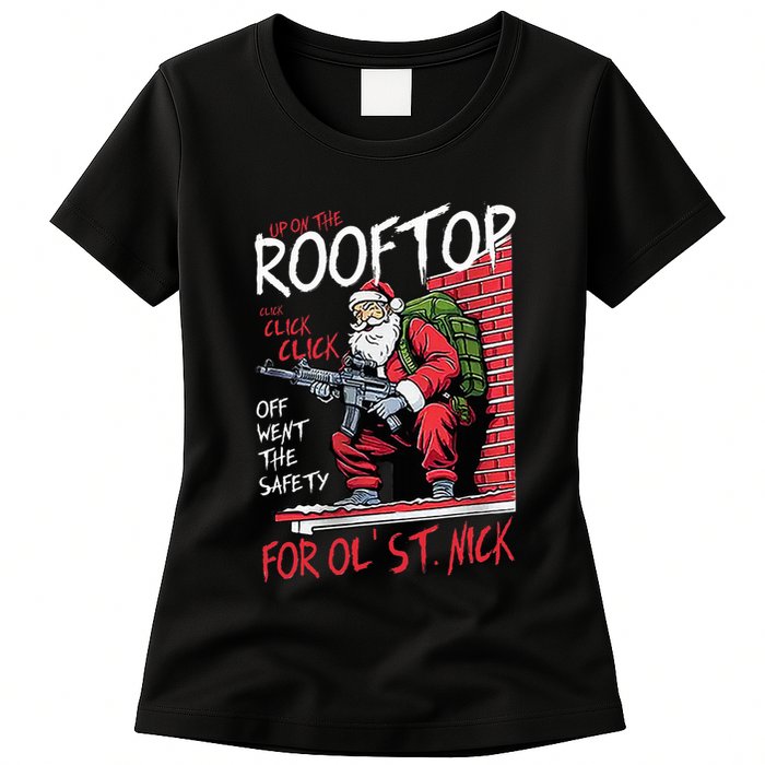 Santa Up On The Rooftop Click Click Click Womens T-Shirt