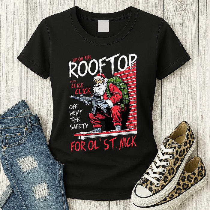 Santa Up On The Rooftop Click Click Click Womens T-Shirt