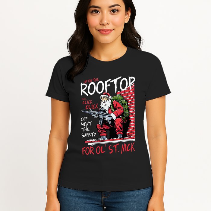 Santa Up On The Rooftop Click Click Click Womens T-Shirt