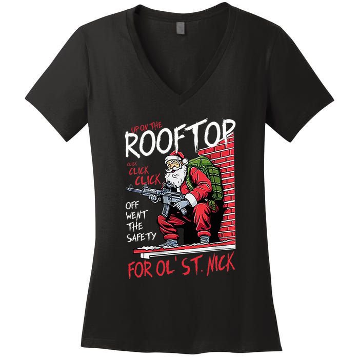 Santa Up On The Rooftop Click Click Click Women's V-Neck T-Shirt