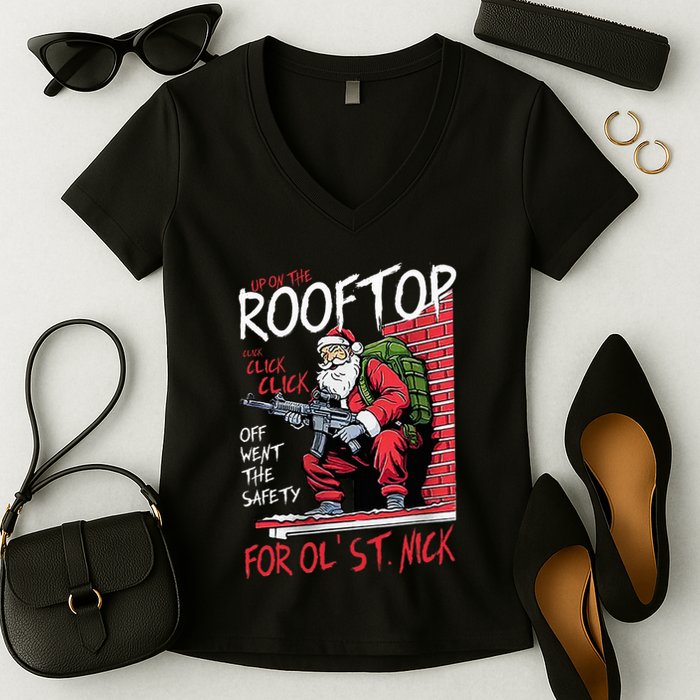 Santa Up On The Rooftop Click Click Click Women's V-Neck T-Shirt