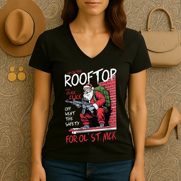 Santa Up On The Rooftop Click Click Click Women's V-Neck T-Shirt