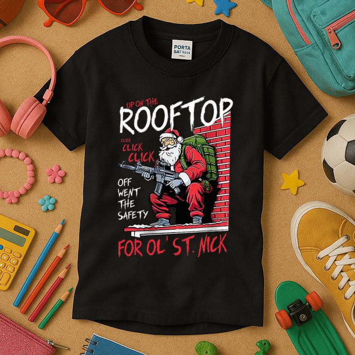 Santa Up On The Rooftop Click Click Click Kids T-Shirt