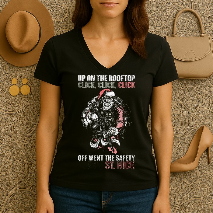 SANTA Up On The Rooftop Click Click Click Women's V-Neck T-Shirt