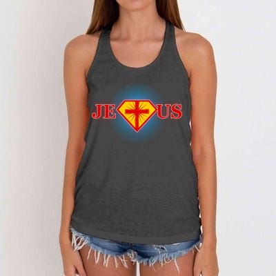 Super Jesus Superhero Comic Logo Women's Knotted Racerback Tank