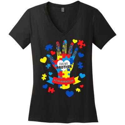 Support Autism Awareness Day For My Brother Women's V-Neck T-Shirt