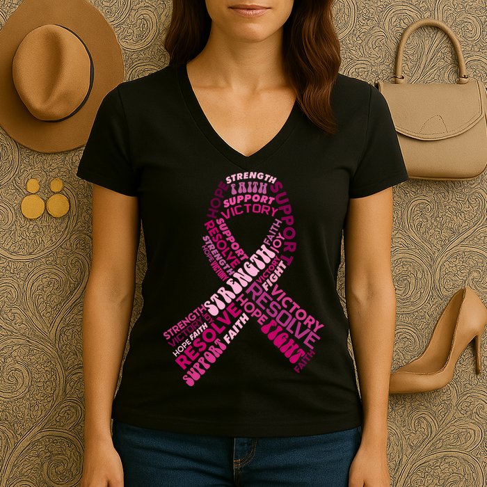 Support Breast Cancer Ribbon Strong Women's V-Neck T-Shirt
