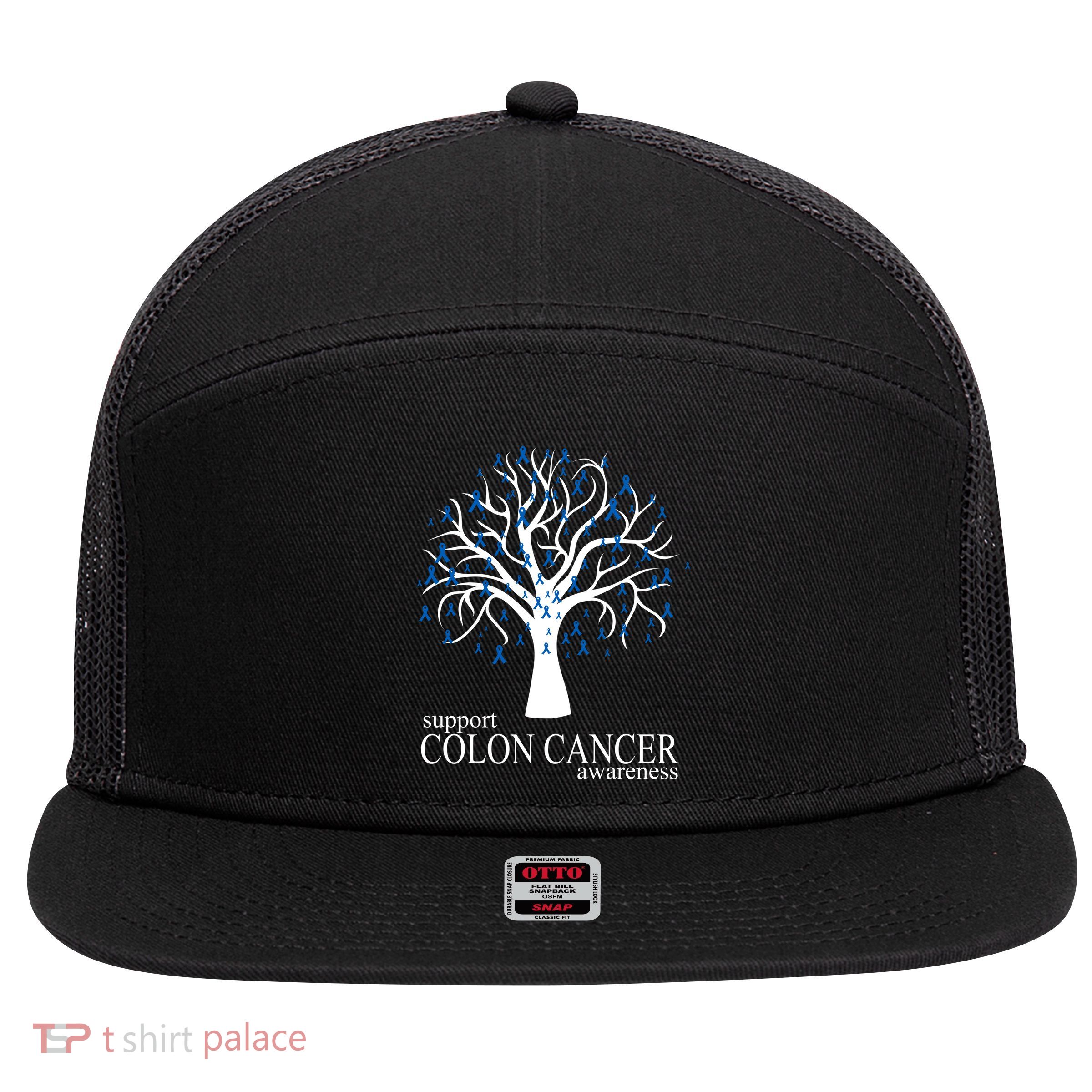 Support Colon Cancer Awareness Ribbon Tree 7 Panel Mesh Trucker Snapback Hat