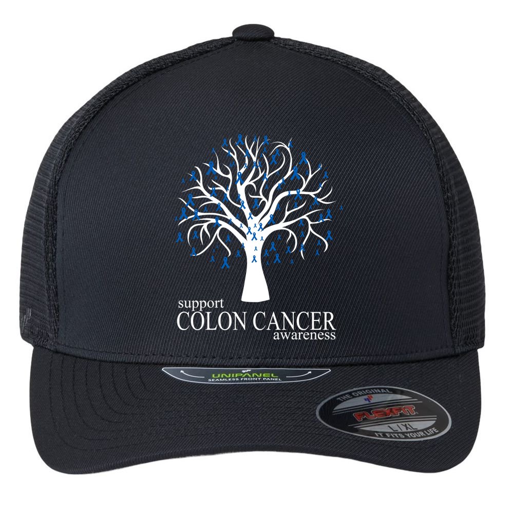 Support Colon Cancer Awareness Ribbon Tree Flexfit Unipanel Trucker Cap