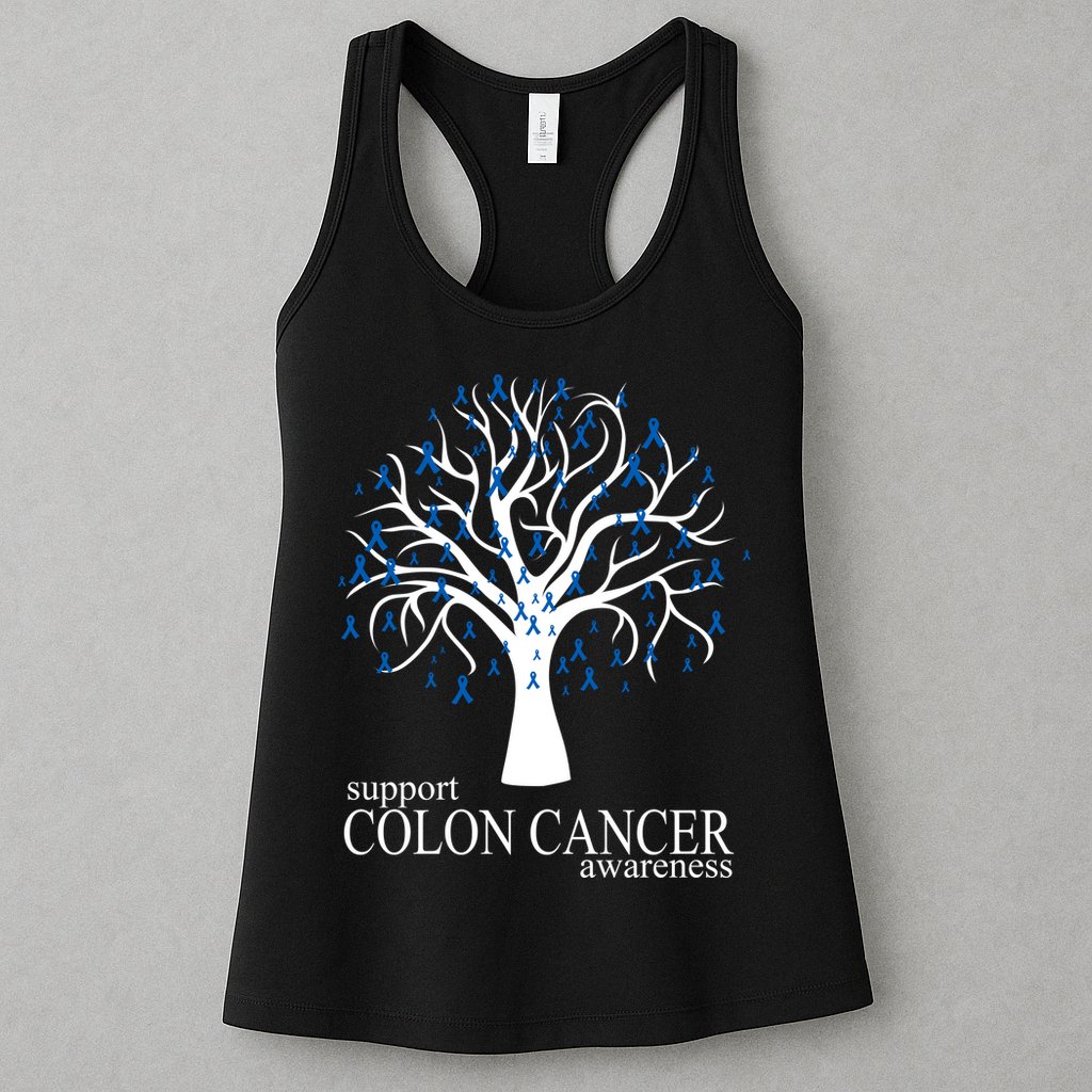 Support Colon Cancer Awareness Ribbon Tree Womens Tank Top