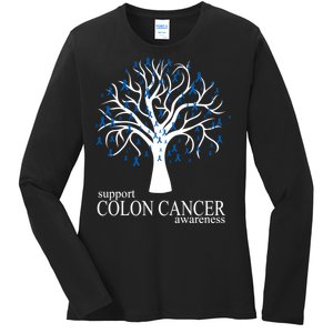 Support Colon Cancer Awareness Ribbon Tree Ladies Long Sleeve Shirt