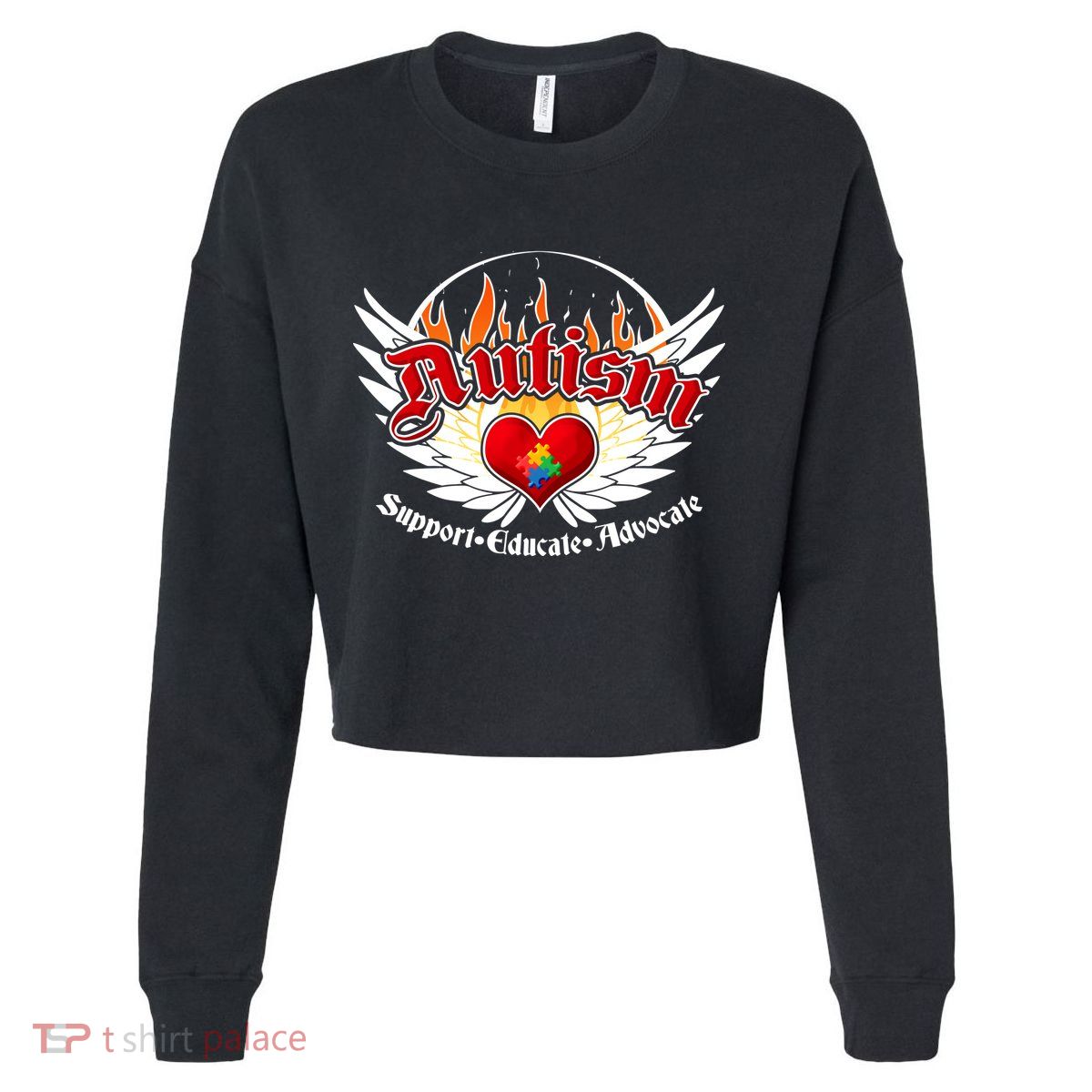 Support Educate Advocate - Autism Flames Cropped Pullover Crew