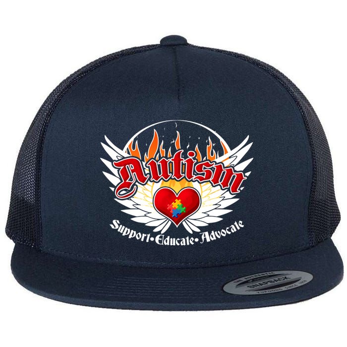 Support Educate Advocate - Autism Flames Flat Bill Trucker Hat