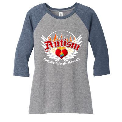 Support Educate Advocate - Autism Flames Women's Tri-Blend 3/4-Sleeve Raglan Shirt