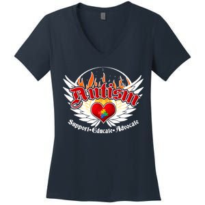 Support Educate Advocate - Autism Flames Women's V-Neck T-Shirt