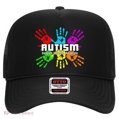 Support Educate Advocate Autism Handprint High Crown Mesh Back Trucker Hat