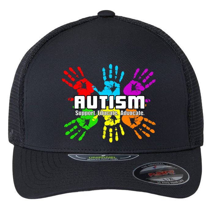 Support Educate Advocate Autism Handprint Flexfit Unipanel Trucker Cap