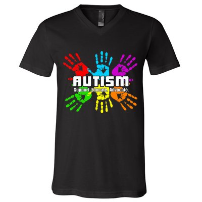 Support Educate Advocate Autism Handprint V-Neck T-Shirt