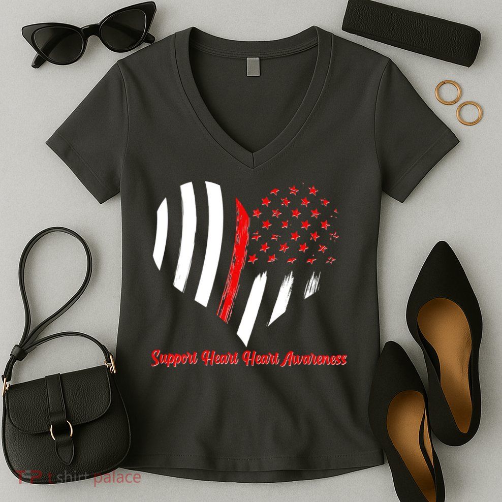 Support Heart Health Awareness - American US Flag Women's V-Neck T-Shirt