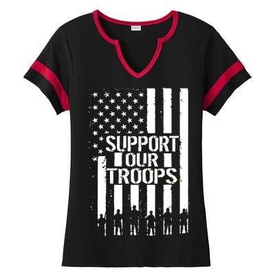 Support Our Troops Distressed American Flag Ladies Halftime Notch Neck Tee