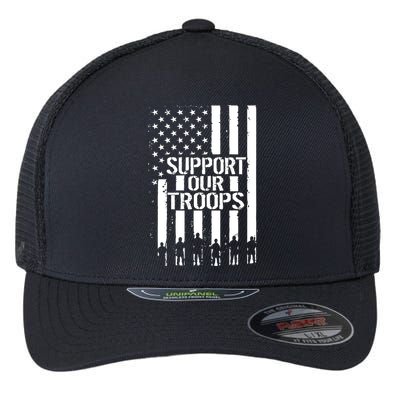 Support Our Troops Distressed American Flag Flexfit Unipanel Trucker Cap