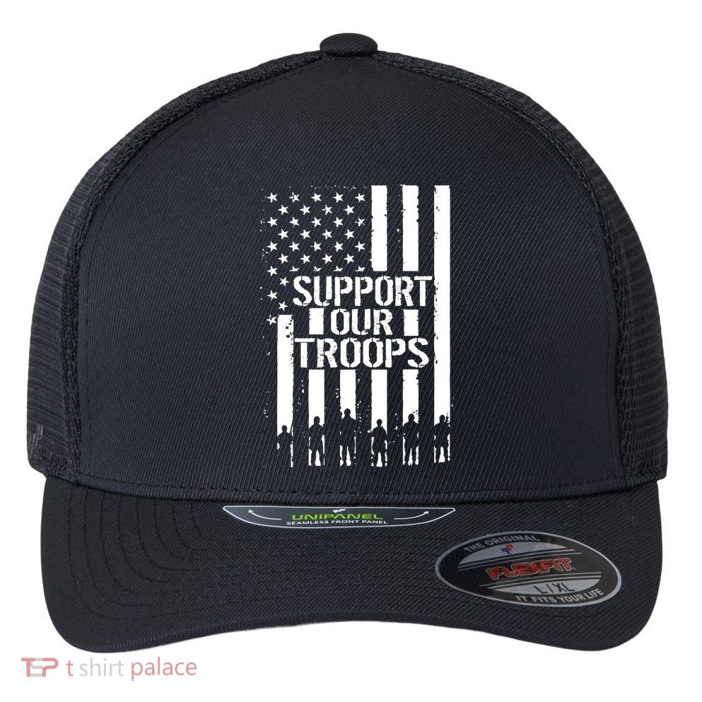 Support Our Troops Distressed American Flag Flexfit Unipanel Trucker Cap