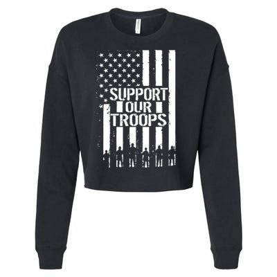 Support Our Troops Distressed American Flag Cropped Pullover Crew