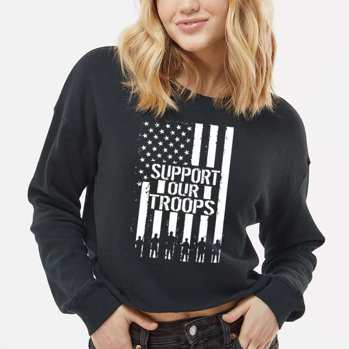 Support Our Troops Distressed American Flag Cropped Pullover Crew