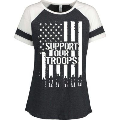 Support Our Troops Distressed American Flag Enza Ladies Jersey Colorblock Tee