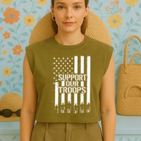 Support Our Troops Distressed American Flag Garment-Dyed Women's Muscle Tee