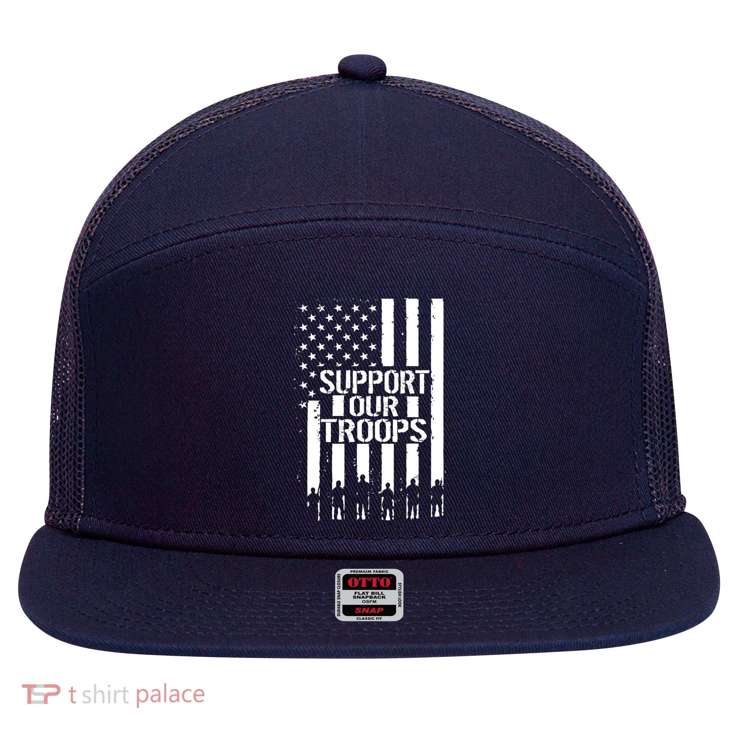 Support Our Troops Distressed American Flag 7 Panel Mesh Trucker Snapback Hat