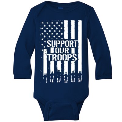 Support Our Troops Distressed American Flag Baby Long Sleeve Bodysuit