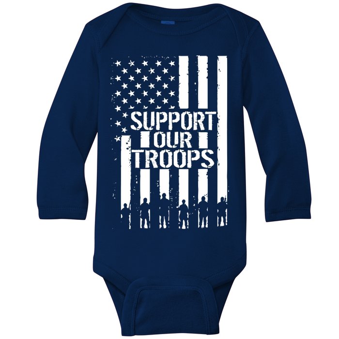 Support Our Troops Distressed American Flag Baby Long Sleeve Bodysuit