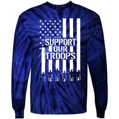 Support Our Troops Distressed American Flag Tie-Dye Long Sleeve Shirt