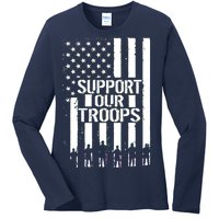 Support Our Troops Distressed American Flag Ladies Long Sleeve Shirt