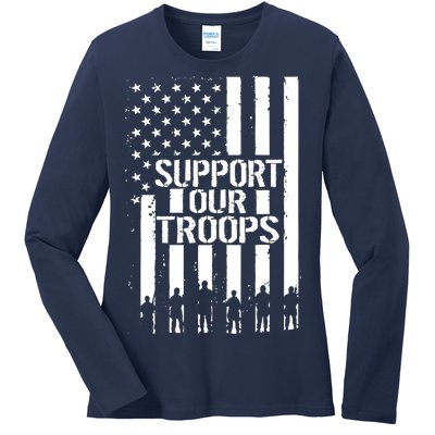 Support Our Troops Distressed American Flag Ladies Long Sleeve Shirt