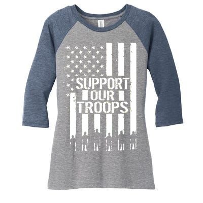 Support Our Troops Distressed American Flag Women's Tri-Blend 3/4-Sleeve Raglan Shirt