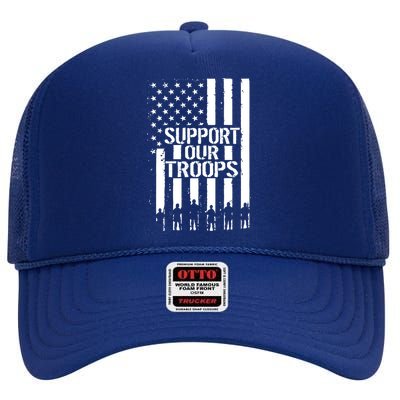 Support Our Troops Distressed American Flag High Crown Mesh Back Trucker Hat